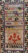 19th Century School, a Victorian embroidered alphabet sampler, unframed and within two sheets of