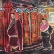 20th Century Continental School, watercolour, Two figures within an Eastern style interior