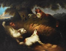 In the manner of George Armfield (1810-1893, British), oil on board, Fox and hounds, displayed