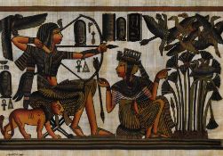 20th Century Continental School, Two Egyptian hieroglyphic style paintings on papyrus, each