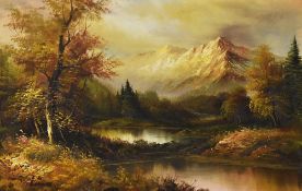20th Century, oil on canvas, An idyllic and autumnal landscape with snowy peaks towering above a