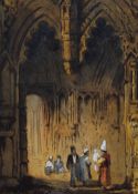 Attributed to Samuel Prout (1783-1852, British), watercolour and gouache, A Gothic Church interior