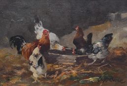 Jacques van Coppenolle (1878-1915, French), oils on board, Two attractive rooster and hen studies,