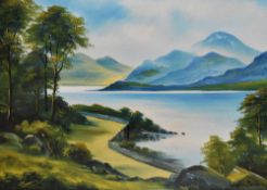 Willis-Pryce (George?, 20th Century), oils on board, Two colourful lake and mountain scenes, both