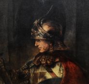 After Rembrandt van Rijn (1606-1669, Dutch), coloured print, 'Man in Armour', framed and under