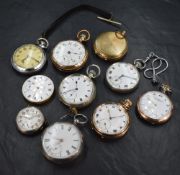 A selection of top wound pocket watches in plated and base metal cases including Waltham, Smiths
