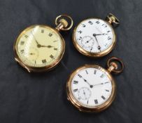 Three gold plated top wound pocket watches, all having Roman numeral dials with subsidiary seconds