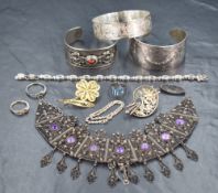 A selection of silver and white metal, some stamped 925 including filligree collarette necklace,