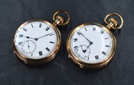 Two gold plated top wound pocket watches, both having roman numeral dials with subsidiary seconds on