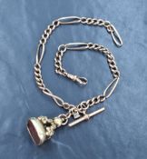 A 9ct rose gold fancy link watch chain with T bar and yellow metal seal fob (bearing damage to