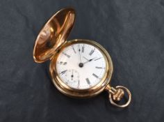A gold plated hunter top wound pocket watch by Waltham, no: 9234113 having a Roman numeral dial with