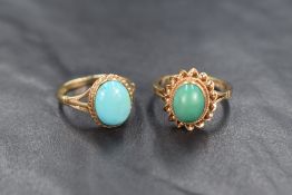 Two 9ct gold rings both having oval turquoise style cabochon stones, both in collared mounts with