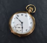 A gold plated top wound open face pocket watch, the white dial having Arabic numerals and subsidiary