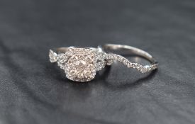 A 14ct white gold diamond cluster ring and band set, the square cluster with a central diamond
