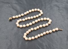 A string of cultured pearls of slightly uneven form having a 9ct gold clasp, approx 16'
