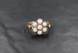A 9ct gold opal seven stone cluster ring having a low claw set mount with balled shoulders, ring