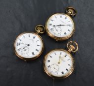 Three gold plated top wound pocket watches by Thos Russell, Liverpool, Everite & Roska, all having