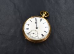 An Edwardian 18ct gold top wound pocket watch having a Roman numeral dial with subsidiary seconds on