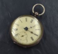 A silver open face key wound pocket watch, the white dial with Roman numerals and subsidiary dial,