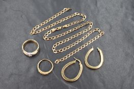An assortment of 9ct gold and yellow metal jewellery, comprising a broken 9ct curb link chain, a