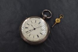 A Victorian silver key wound chronograph pocket watch having Roman numeral dial with further