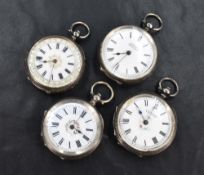 Four small key wound pocket watches, all having Roman numeral dials, three having decorative faces