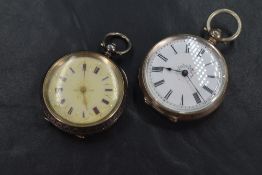Two small silver key wound open face pocket watches, both having white dials and Roman numerals with