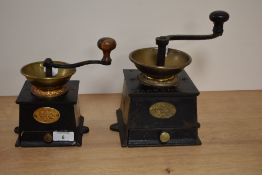 A Victorian cast metal coffee grinder by Baldwin Sons & Co., with brass hopper bowl and drawer to