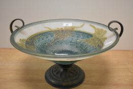 A 20th Century hand painted Italian glass tazza, with Murano Arte sticker and raised on a moulded