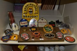 A selection of Breweriana to include tap labels and a drip tray