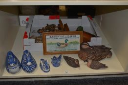 Three Chinese Tang's Arts Design duck ornaments, a selection of hollow cast blue and white duck