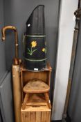 A 20th Century hand painted coal scuttle, of Barge ware style and measuring 56cm high, and an oak