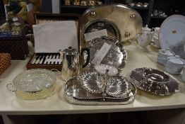 A selection of silver plated ware, to include a three division hors d'oeuvres dish lacking two glass