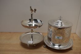 A late Victorian silver plated biscuit barrel, the body engraved with a leaf design and all raised