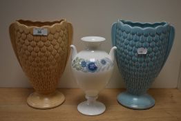 Two mid-20th Century Sylvac pottery Fish Scale vases, each measuring 25cm high, and a Wedgwood