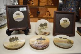 A selection Paul Gooderham studio pottery art, to comprise four circular pot lids and two framed