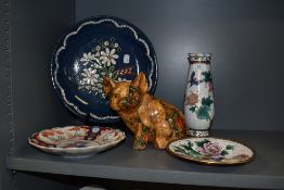 A 20th Century ceramic decoupage pig study, measuring 18cm high, a Cloisonne enamelled vase and