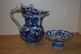 A 19th/20th Century Chinese blue and white lidded ewer, measuring 28cm high, and a blue and white
