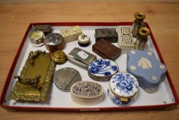 A selection of assorted lidded trinket boxes, to include a shaped Wedgwood trinket box, a horn