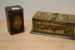 An early 20th Century Huntley and Palmers lithographed biscuit tin in the form of a tea caddy,