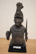 An attractive Benin (Nigerian) Bronze half torso, depicting a warrior with elaborate headdress
