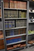A large selection of cloth and leather bound books, including Halisbury's Laws of England, The