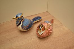Two Royal Crown Derby bone china paperweights Pheasant and Blue Jay both having silver coloured