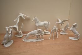 A collection of Kaiser bisque porcelain animal and bird studies, birds in flight, thoroughbred