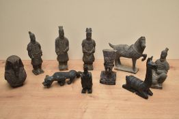A group of reproduction Terracotta Army figures including horse, two reproduction Egyptian busts and