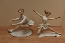 Two mid century German Wallendorf porcelain ice skater figurines, each modelled mid routine, with