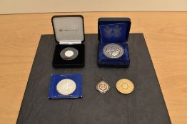 Five Silver Coins and Medallions, John Pinches 1972 Royal Anniversary Medal in case 63g, 1935