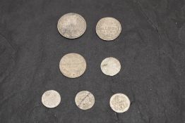 Six German States Silver Coins, 1694 Philip Reinhard 2 Albus, 1874 Wilhelm I 1 Mark, 1765 Charles