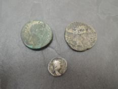 Three Roman Coins, first Obv Ruler with part legend, Rev possible Aeternitas standing between SC,