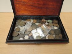 A wooden box containing GB & World Coins including GB 1891 Queen Victoria Silver Crown, 1888 &